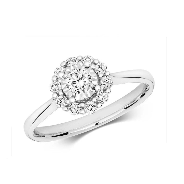 Real Diamond Ring 9ct White Gold Solitaire Cluster 0.45 Carat Weight of Diamonds