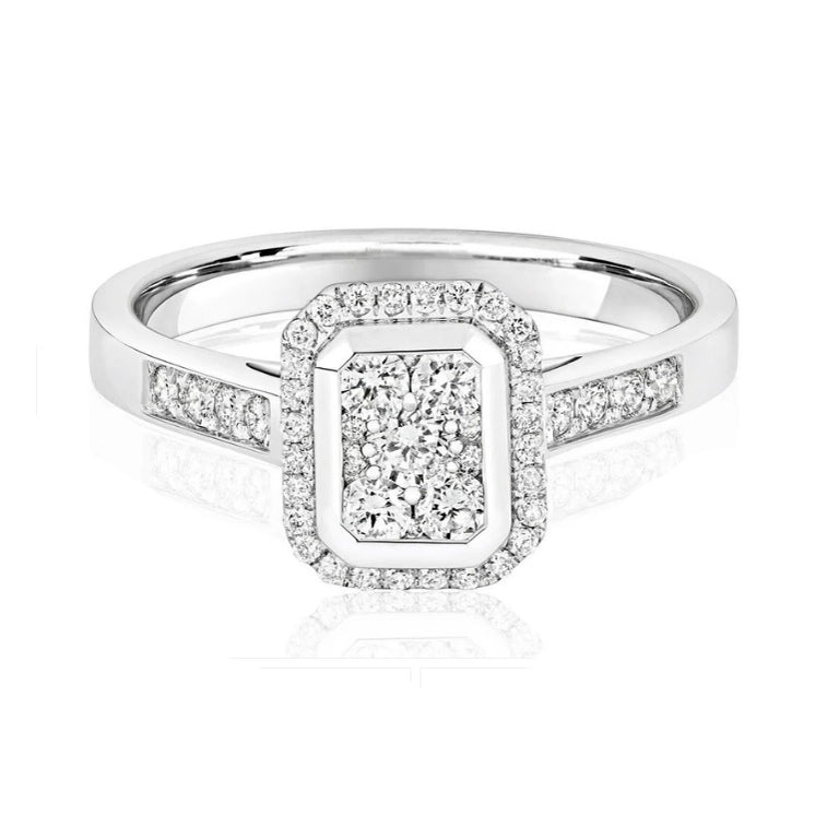 Real Diamond Ring 9ct White Gold Square Rectangular Cluster 0.50 Carat Weight