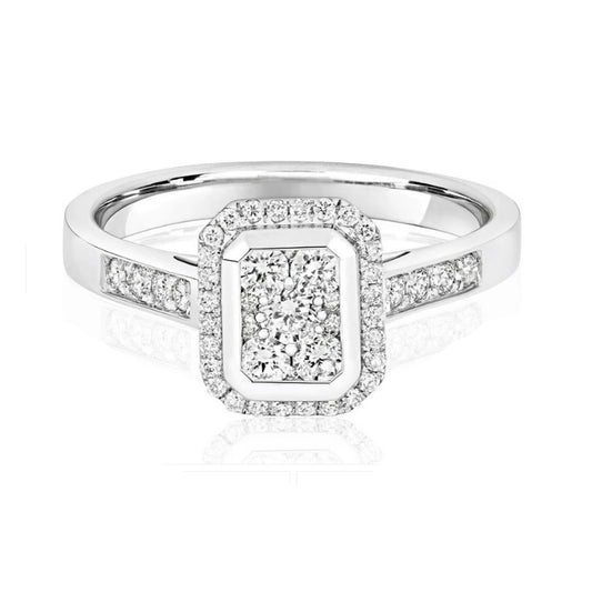 Real Diamond Ring 9ct White Gold Square Rectangular Cluster 0.50 Carat Weight