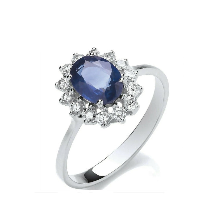Real Sapphire and Diamond Ring 18ct White Gold Oval Cluster 1.75 Carat Weight