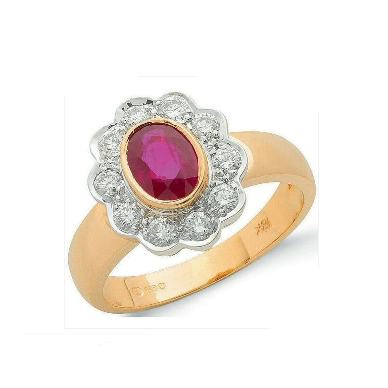 Real Ruby and Diamond Ring 18ct Yellow Gold Oval Cluster 1.00 Carat Weight