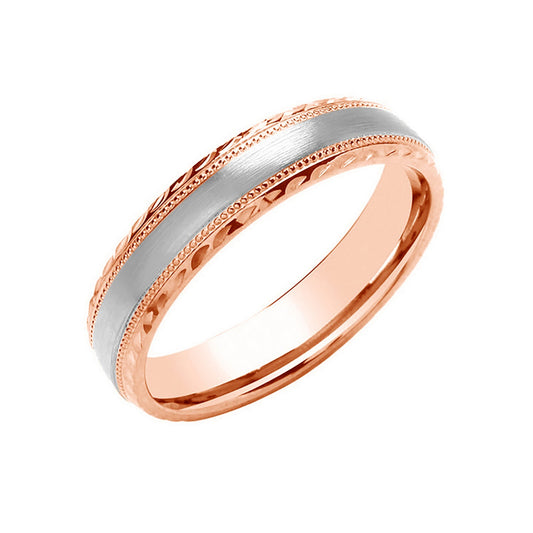 18k rose gold and platinum wedding ring with intricate detailing from J R Jewellery