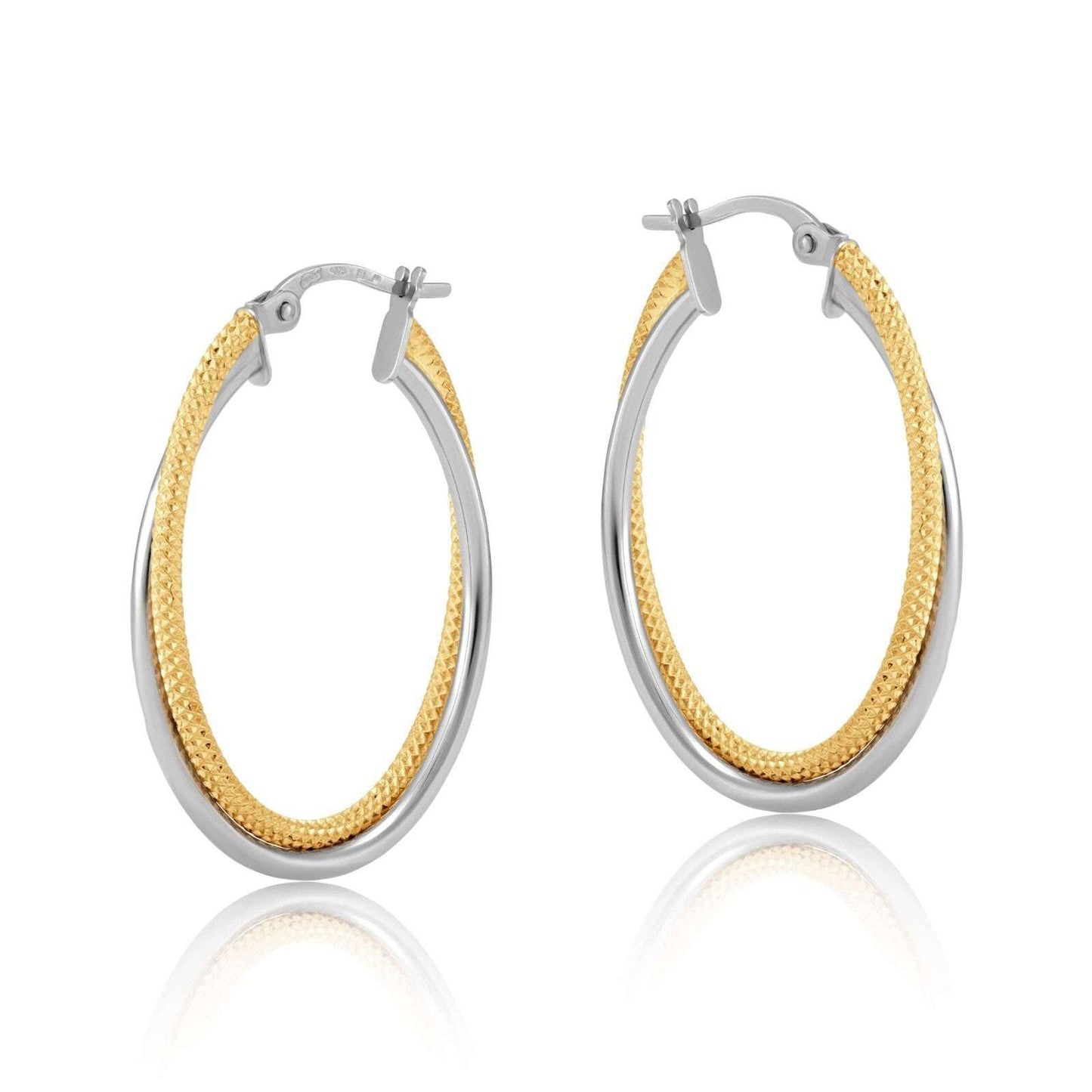 Two Colour Gold Oval Double Hoop Earrings Hallmarked Textured Hoops