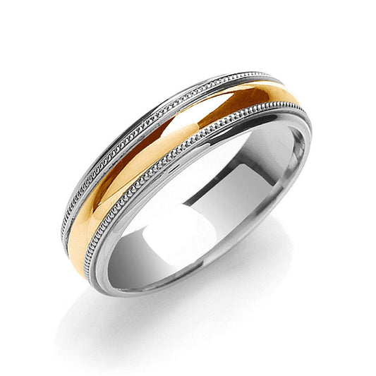 6mm Court Wedding Band Millgrain Edge 2 Colour 9ct White Gold Yellow Gold Centre
