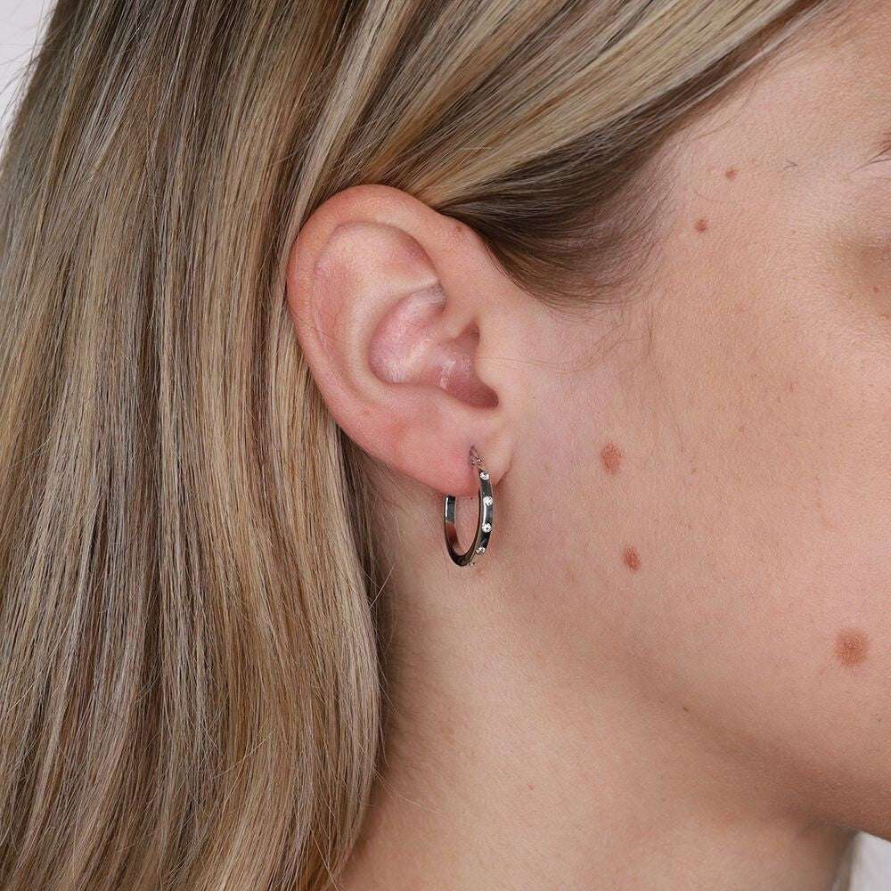 White Gold Gemstone Hoop Earrings 19mm Creole Hoops Round Cut Zircon Hallmark