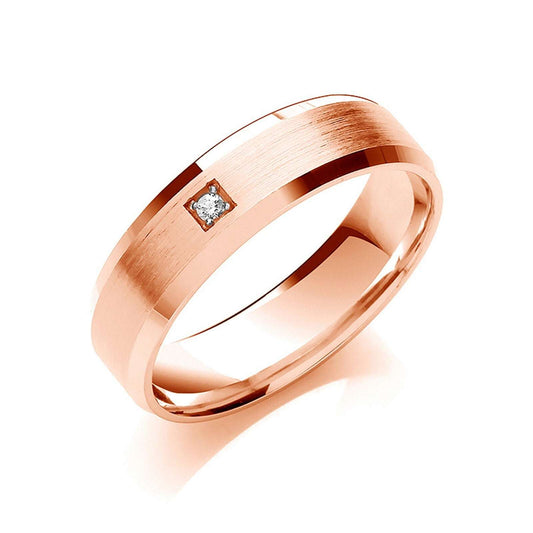Diamond Set 6mm Wedding Band Flat Court Bevelled Edge Matt Centre 9ct Rose Gold