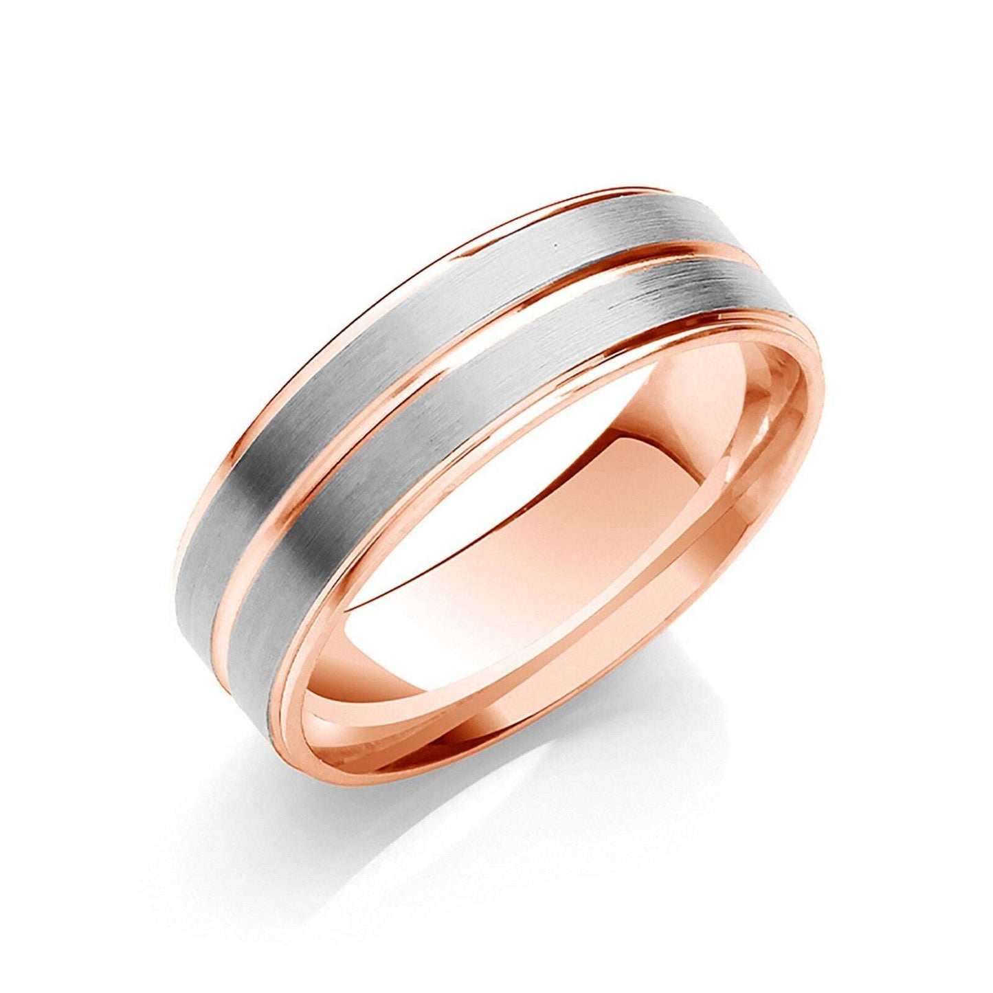 7mm Flat Wedding Band Two Colour Track Edges & Centre 9ct Rose and White Gold