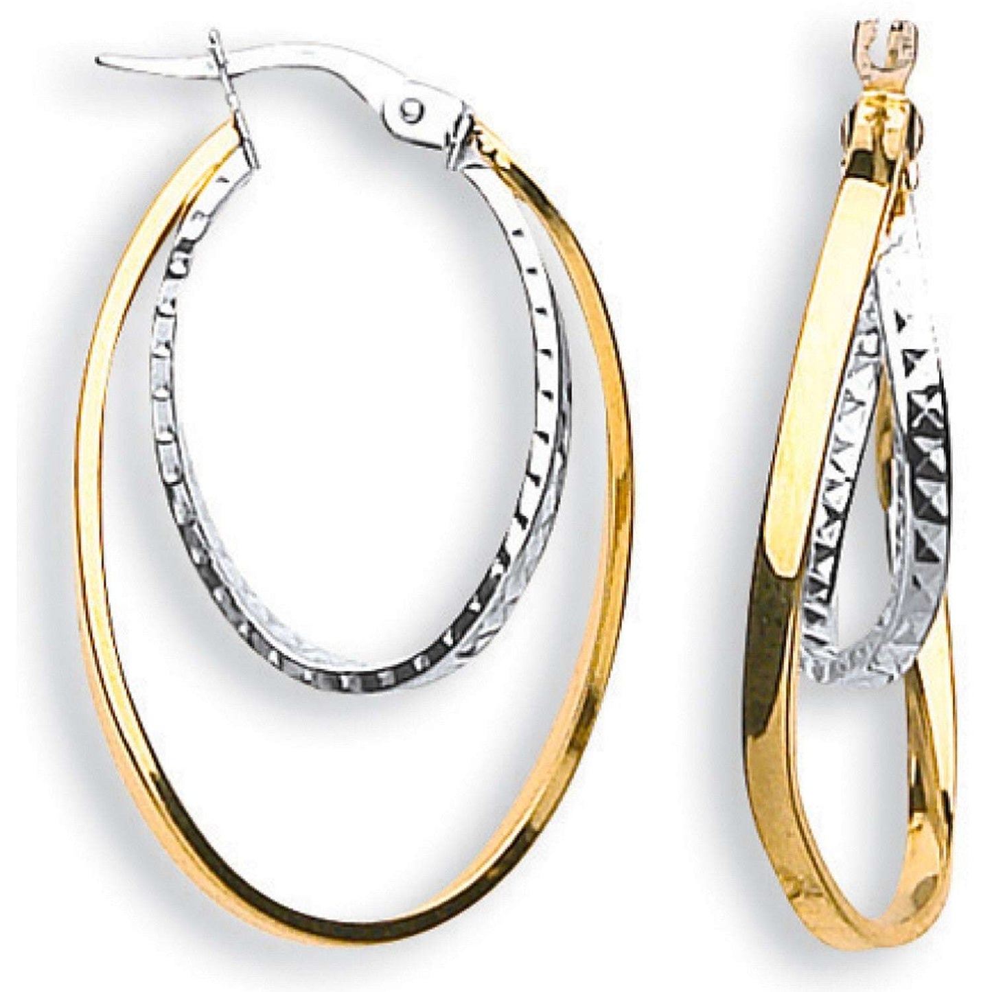 9ct Double Oval Hoop Earrings Two Colour Gold 33mm Hallmarked Hoops
