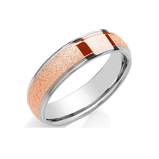 6mm Court Wedding Ring 18k White and Rose Gold Sandblast Centre & Polished Edge