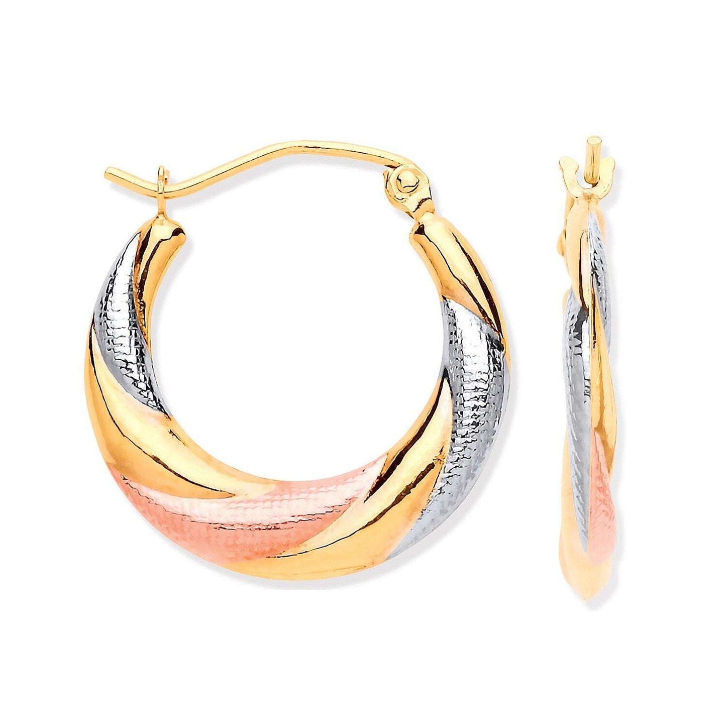 Three Colour Gold Hoop Earrings 19mm Twist Design Hallmarked Hoops
