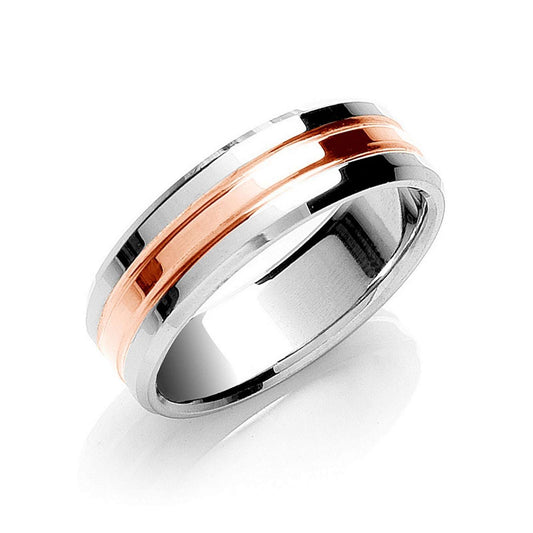 7mm Flat Court Wedding Band Bevelled Edge 9ct White Gold 9ct Rose Gold Centre