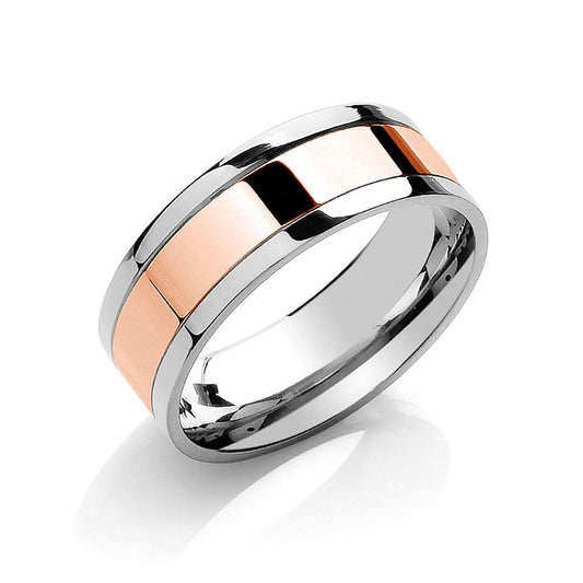 7mm Flat Court Wedding Band Two Colour Parallel Groove 9ct White and Rose Gold