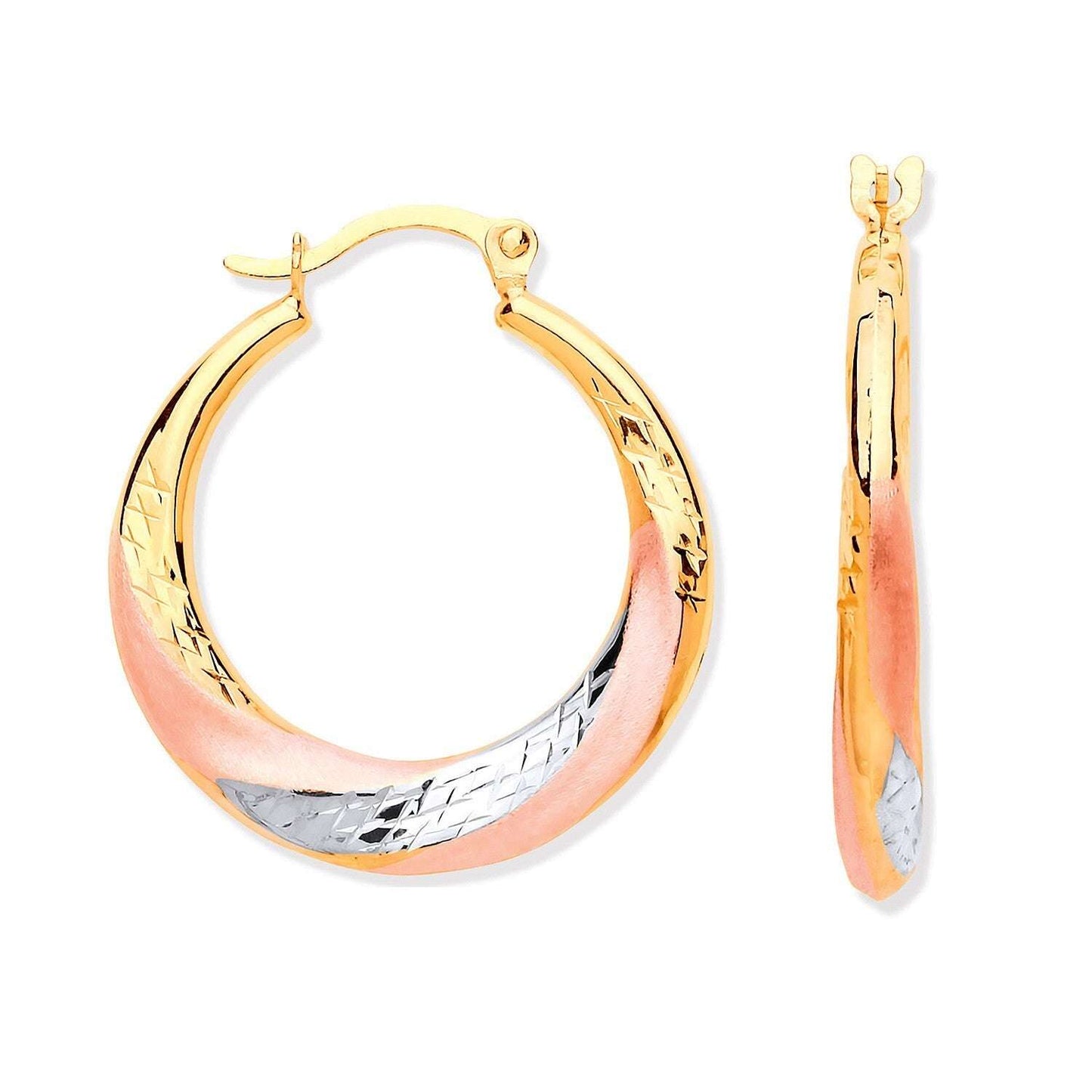 Three Colour Gold Hoop Earrings 22mm Twist Design Hallmarked Hoops