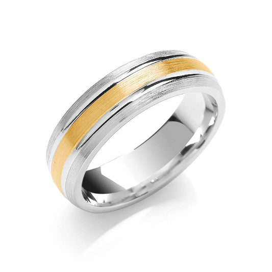 6mm Court Wedding Band Matt Centre Parallel Groove 9ct White and Yellow Gold