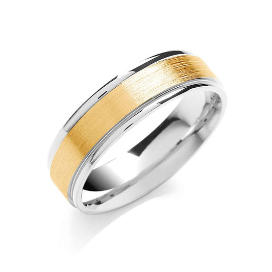 6mm Flat Court Wedding Band Matt Centre Polish Edge 9ct White and Yellow Gold
