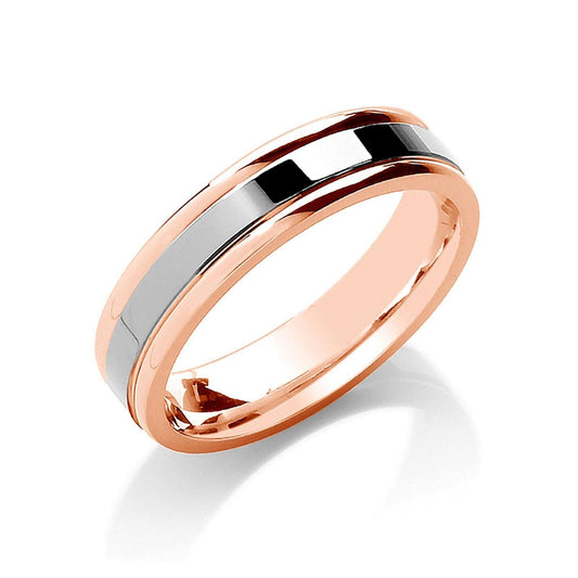 5mm Flat Court Wedding Band Two Colour Parallel Groove 9ct Rose and White Gold