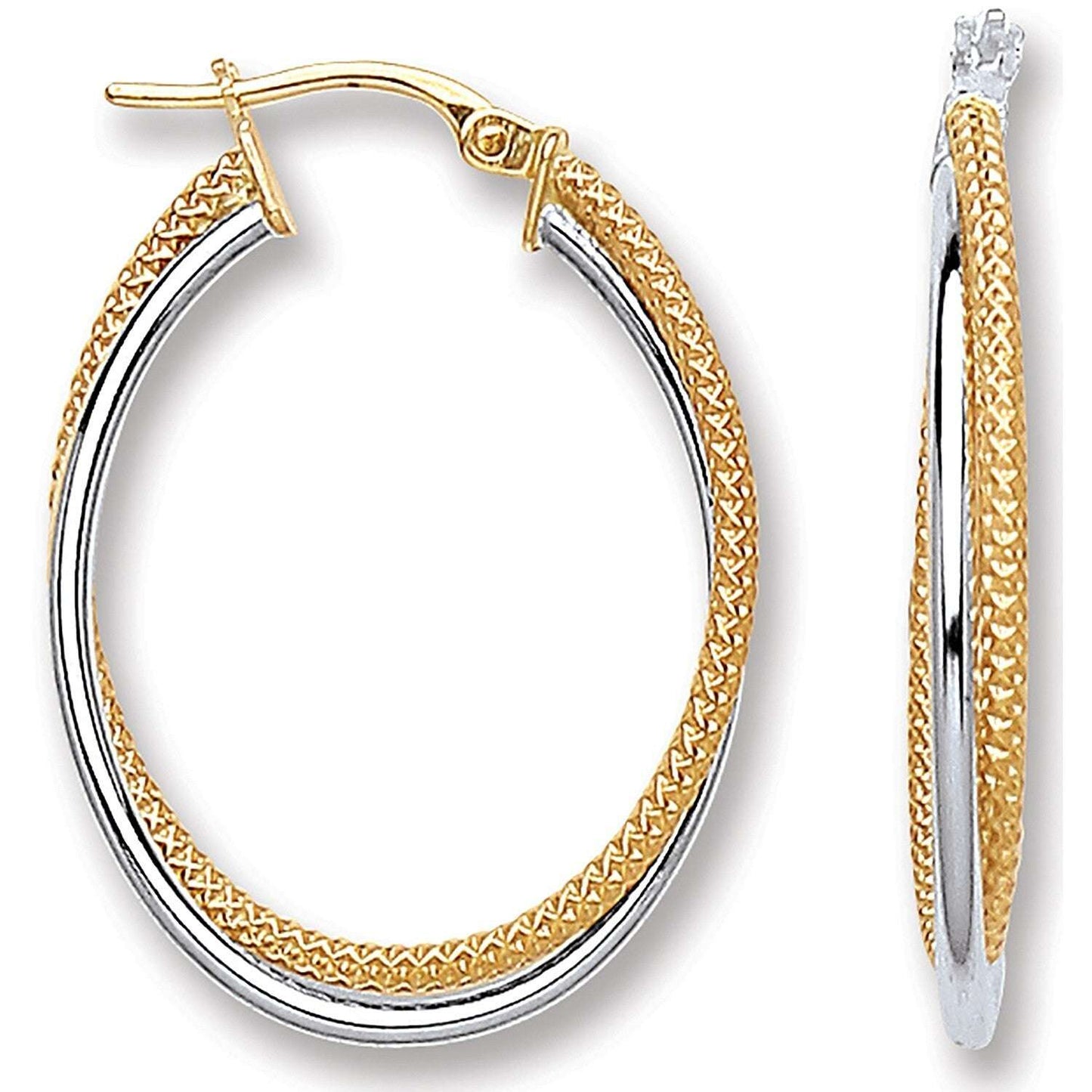 Two Colour Gold Oval Double Hoop Earrings Hallmarked Textured Hoops
