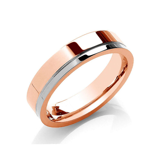 5mm Flat Court Wedding Band Two Colour Side Groove 9ct Rose and White Gold