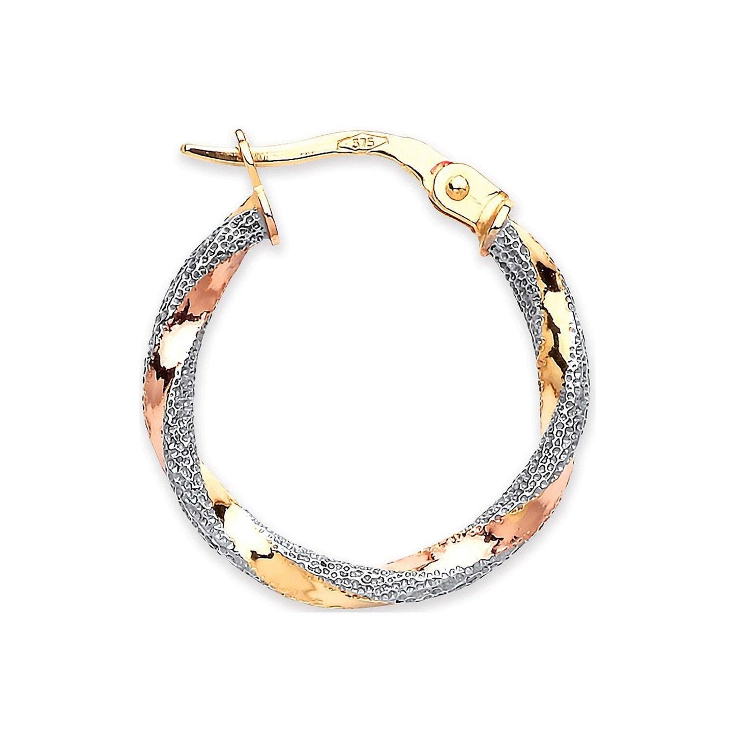 Three Colour Gold Hoop Earrings 20mm Glitter Effect Hallmarked Hoops