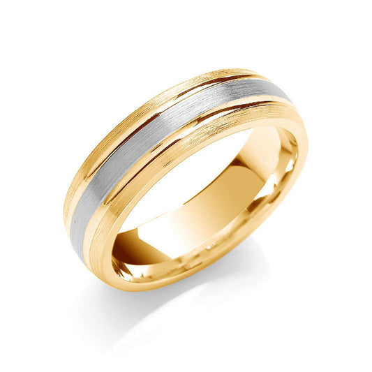 6mm Court Wedding Band Matt Centre Parallel Groove 9ct Yellow and White Gold