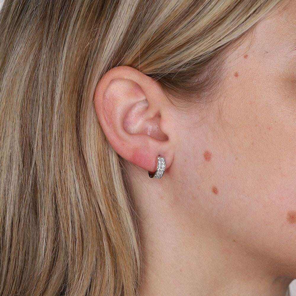 Yellow Gold Huggie Hoop Earrings Pave Set Zircon 12mm Hinged Hoops Hallmarked