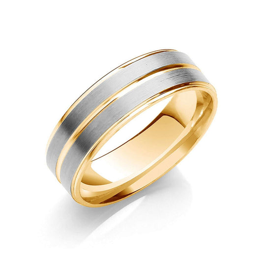 7mm Flat Wedding Band  Two Colour Track Edges & Centre 9ct Yellow and White Gold