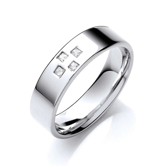 Diamond Wedding Band 6mm Flat Court Cross Design Princess Cut 9ct White Gold