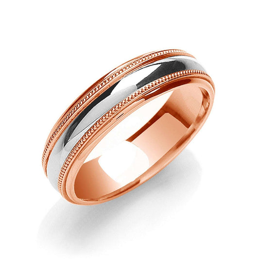 6mm Court Wedding Band Mill Grain Edges 2 Colour 9ct Rose Gold White Gold Centre