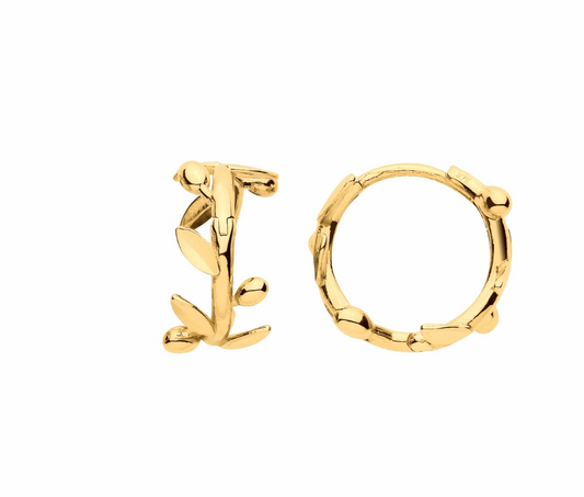 Yellow Gold Huggie Hoop Earrings Leaf With Olive Huggies Hallmarked