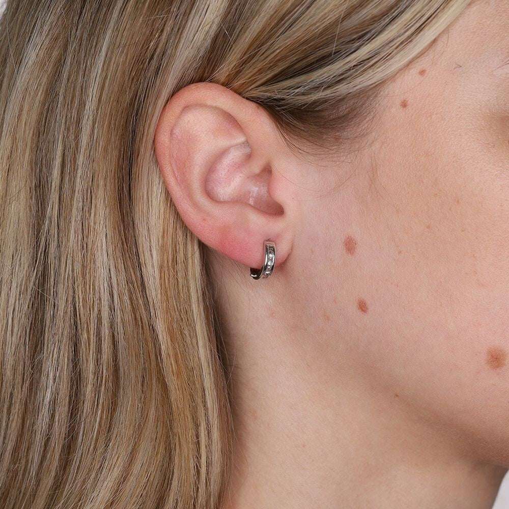 White Gold Huggie Hoop Earrings Princess Cut Zircon 12mm Hinged Hoops Hallmarked