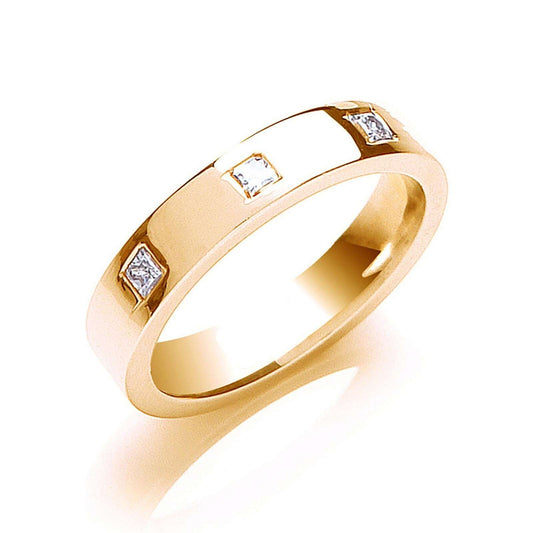 Diamond 4mm Flat Court Wedding Band 3 Princess Cut Diamonds 0.33ctw Yellow Gold