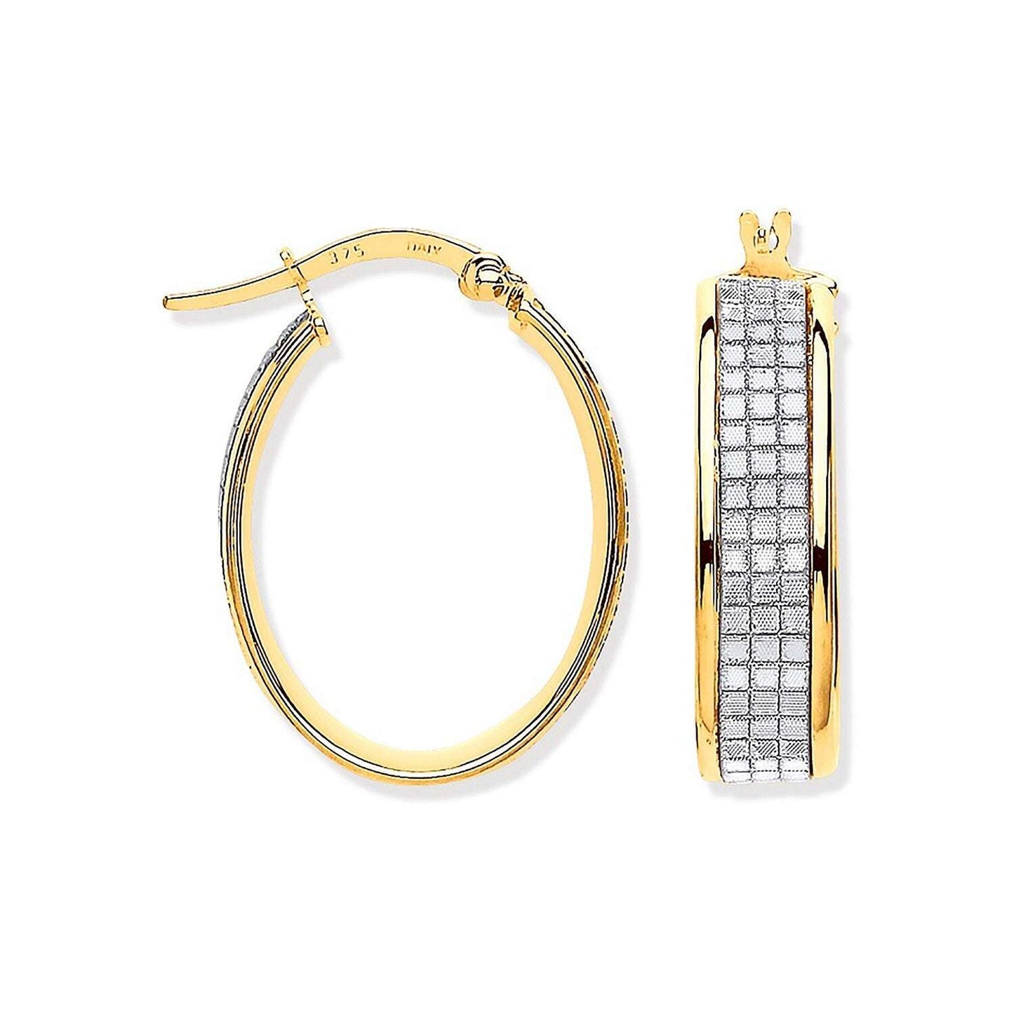 Two Colour Gold Moondust Oval Hoop Earrings Hallmarked Hoops