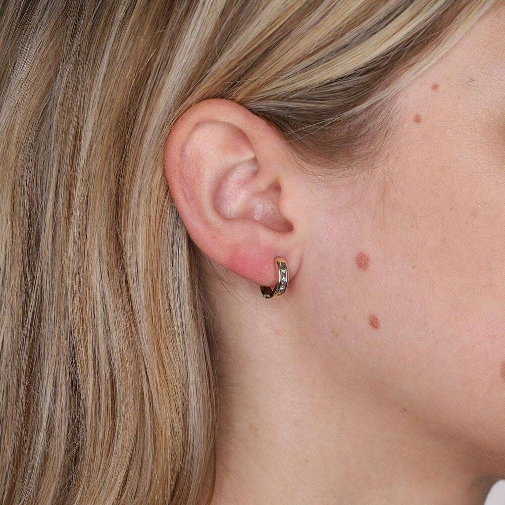 Yellow Gold Huggie Hoop Earrings Princess Cut Zircon 12mm Hinged Hoops Hallmark