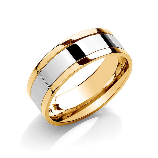 7mm Flat Court Wedding Band Two Colour Parallel Groove 9ct Yellow and White Gold