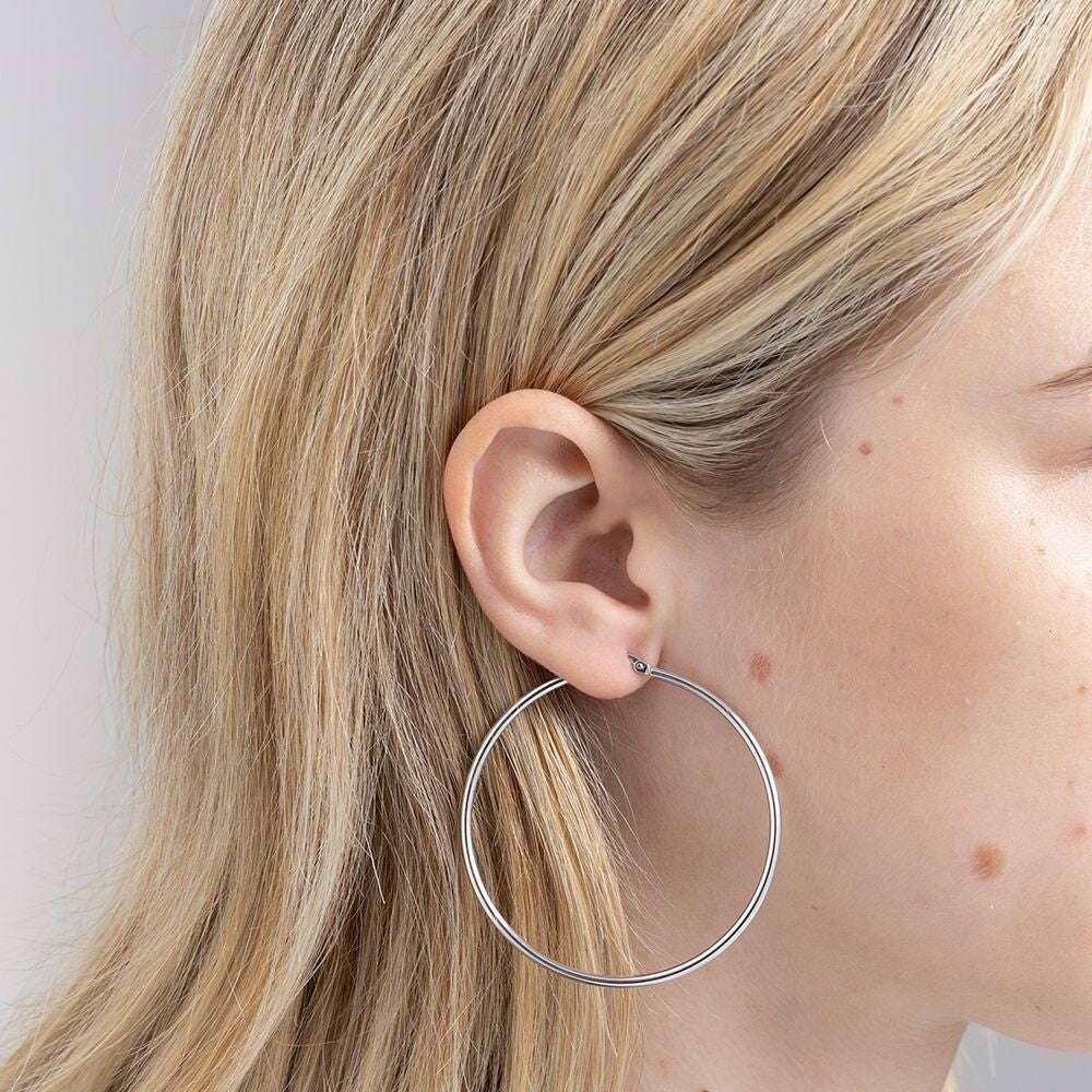 White Gold 50mm Hoop Earrings Round Large Hoops Hallmarked