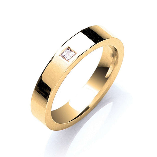 Diamond 4mm Flat Court Wedding Band Princess Cut Solitaire 0.10ctw Yellow Gold