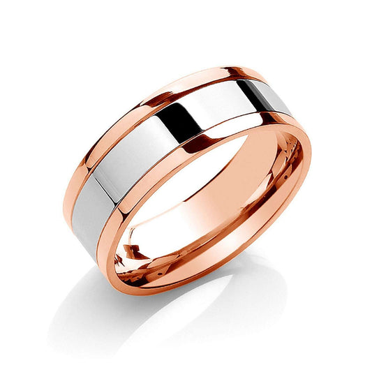 7mm Flat Court Wedding Band Two Colour Parallel Groove 9ct Rose and White Gold
