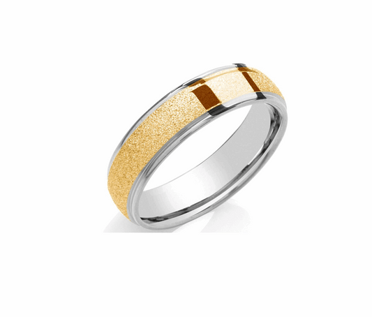 6mm Court Wedding Ring 18k White and Yellow Gold Sandblast Centre Polished Edges