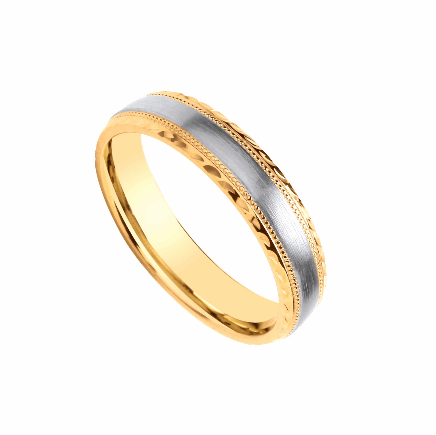 5mm D-Shape Wedding Ring Millgrain D/C Edge 9k Yellow & White Gold Made to Order