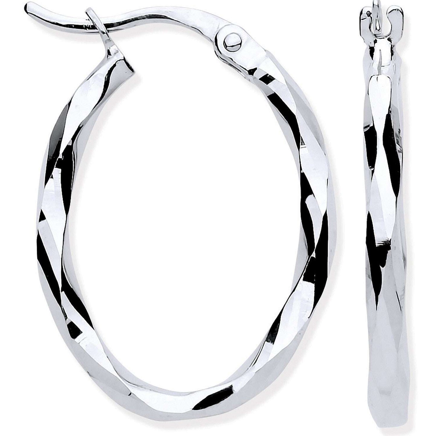 White Gold Oval Hoop Earrings Faceted Polished Hoops Hallmarked