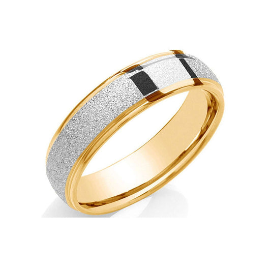 6mm Court Wedding Ring 18k Yellow Gold & Platinum Sandblast Centre Polished Edge