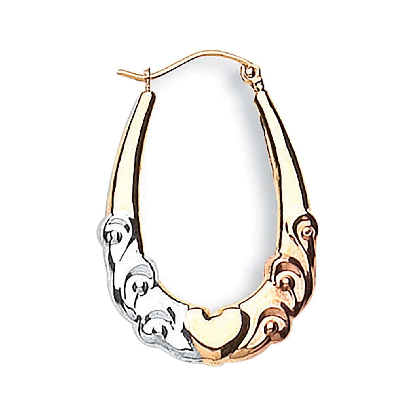 Three Colour Gold Creole Earrings Fancy Heart Design Hallmarked Hoop