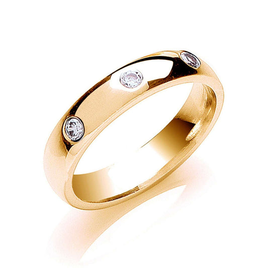 Diamond 4mm Court Wedding Band 3 Brilliant Cut Diamonds 0.12ctw Yellow Gold