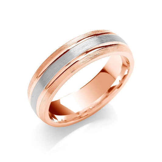 6mm Court Wedding Band Matt Centre Parallel Groove 9ct Rose and White Gold