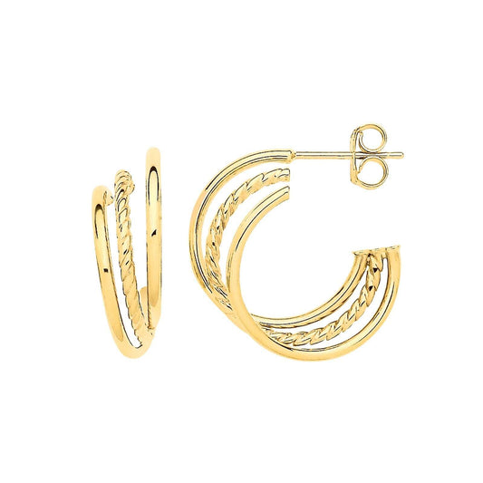 Yellow Gold Triple Hoop Earrings 9ct Yellow Gold Hoops Hallmarked 20.5mm