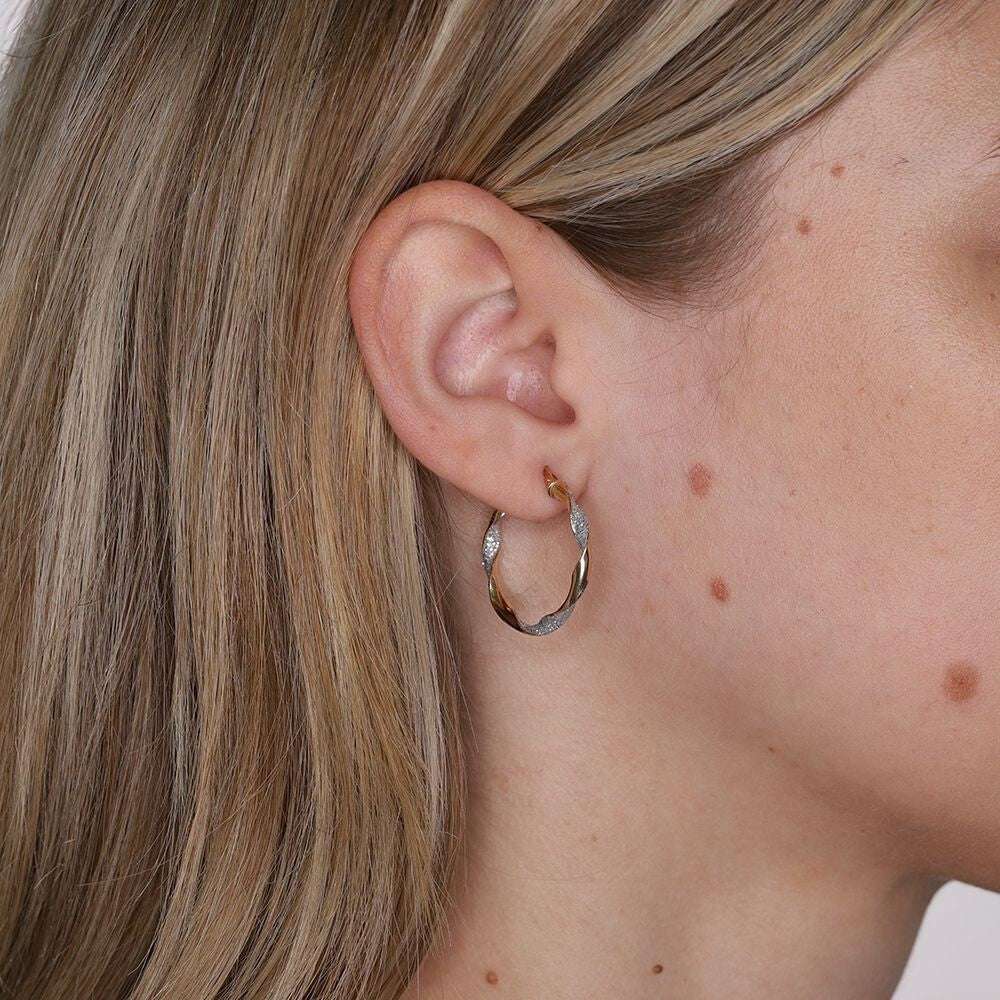 9ct Glitter Finish Hoop Earrings Two Colour Gold 25mm Hallmarked Hoops