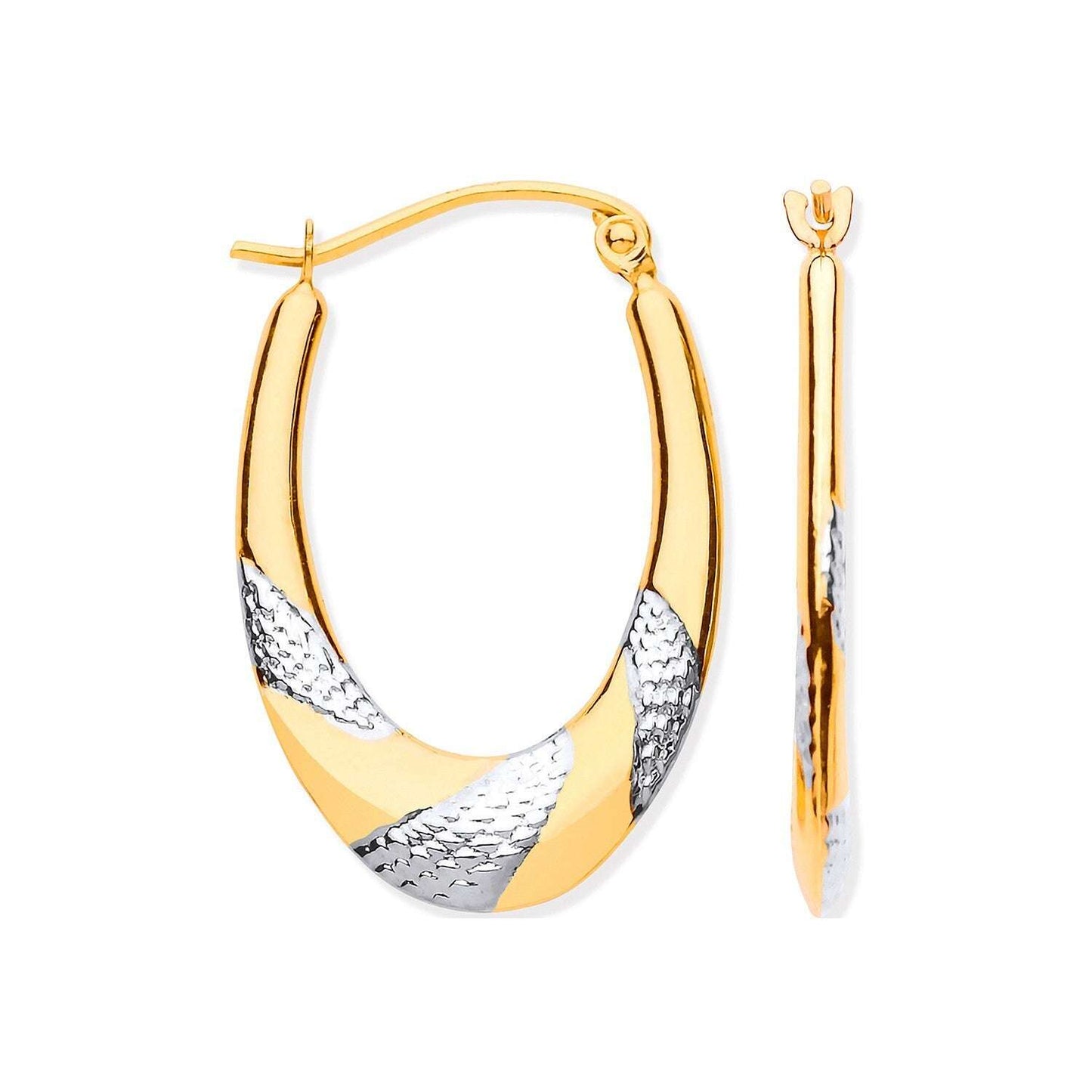 Two Colour Gold Oval Hoop Earrings Hallmarked Yellow and White Gold Patterned