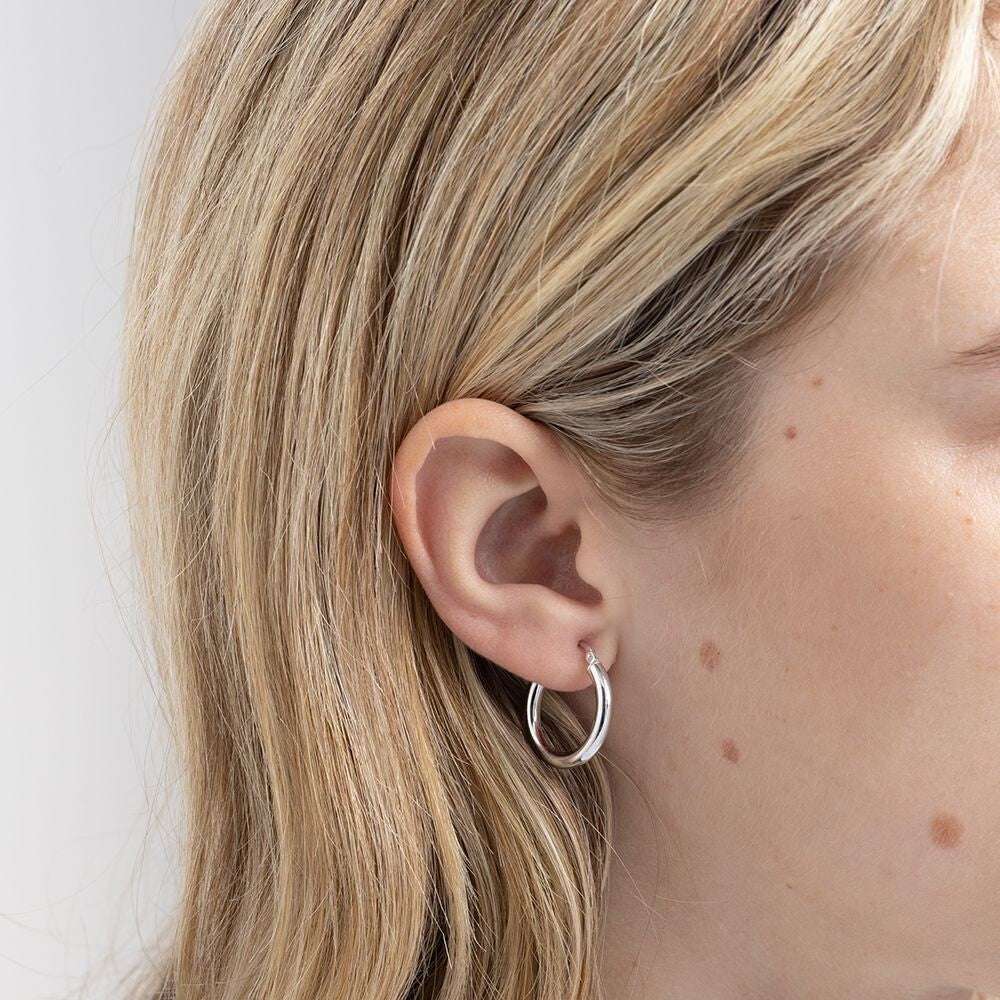 White Gold 20mm Hoop Earrings Round Tubular Hoops Hallmarked