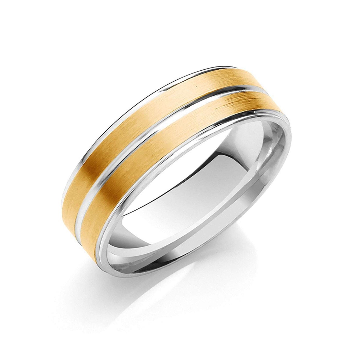 7mm Flat Wedding Band Two Colour Track Edges & Centre 9ct White and Yellow Gold