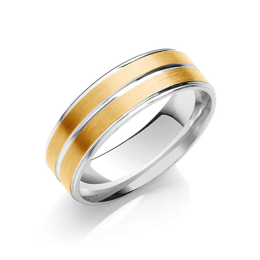 7mm Flat Wedding Band  Two Colour Track Edges & Centre 9ct White and Yellow Gold